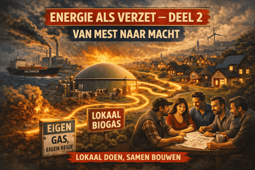 Illustratie van lokaal biogas uit mest in Nederland, energiecoöperatie met vergister en duurzame energie als alternatief voor aardgas en fossiele brandstoffen