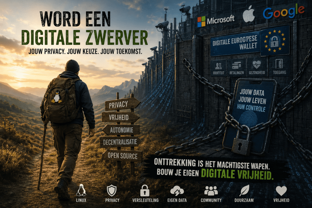 Persoon loopt richting vrijheid terwijl aan de andere kant een digitale muur staat met surveillance, Big Tech en EU digitale controle