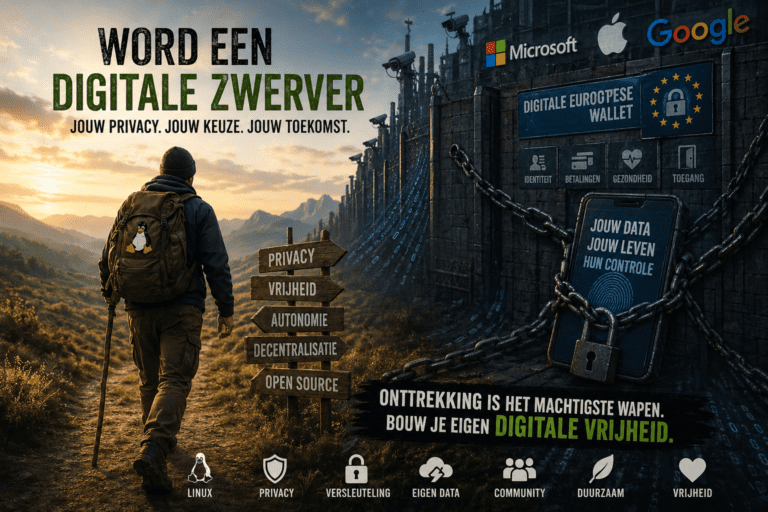 Persoon loopt richting vrijheid terwijl aan de andere kant een digitale muur staat met surveillance, Big Tech en EU digitale controle