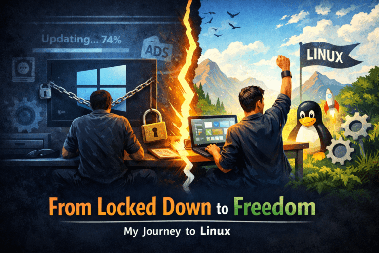 Illustratie van een persoon die vastzit in een donker Windows-systeem tegenover een vrije, open Linux-omgeving, gescheiden door een scheur die de overgang naar controle en vrijheid symboliseert.