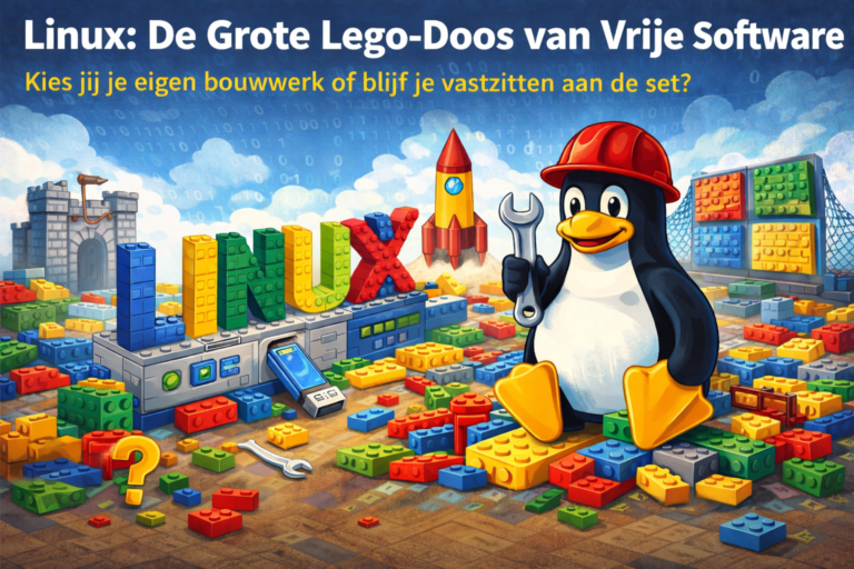 Linux als Lego-metafoor met Tux-pinguïn tussen kleurrijke bouwstenen die vrijheid en aanpasbaarheid van open-source software symboliseren