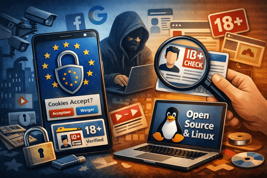 Illustratie van online privacy en controle: een smartphone met EU-slot en cookie-melding, leeftijdsverificatie (18+ en ID-check), surveillancecamera’s en techsymbolen tegenover een laptop met Linux/Open Source, die de spanning tussen toezicht en digitale vrijheid weergeeft.