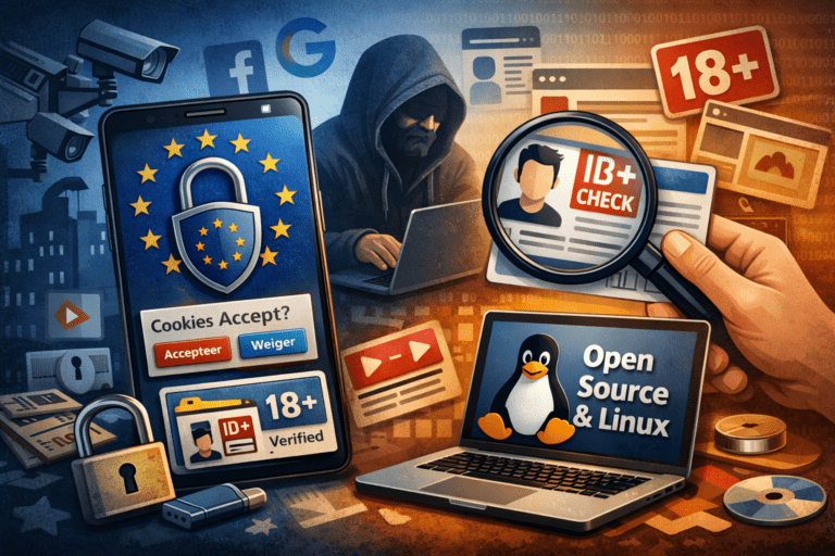 Illustratie van online privacy en controle: een smartphone met EU-slot en cookie-melding, leeftijdsverificatie (18+ en ID-check), surveillancecamera’s en techsymbolen tegenover een laptop met Linux/Open Source, die de spanning tussen toezicht en digitale vrijheid weergeeft.