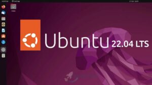 Ubuntu 22.04 LTS Jammy Jellyfish desktop screenshot met oranje logo en paarse achtergrond
