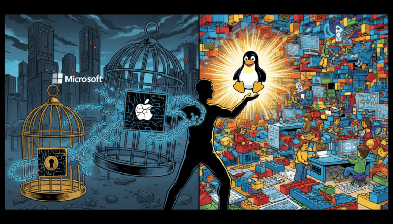 Persoon bevrijdt zich uit digitale kooien van Microsoft en Apple en houdt het Linux Tux-logo vast, symbool voor digitale vrijheid.