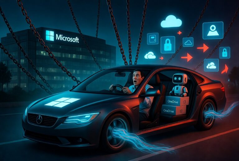 Man die denkt dat hij een auto bestuurt, maar eigenlijk een passagier is in een Microsoft Windows-auto met kettingen en datastromen die naar het Microsoft-gebouw leiden