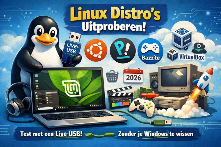 Illustratie van Linux distributies zoals Linux Mint, Ubuntu, Pop!_OS en Bazzite die je kunt testen via een live USB zonder Windows te verwijderen