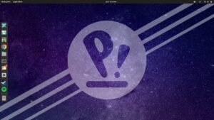 Pop!_OS desktop met COSMIC-achtige interface en applicatiedock, moderne Linux-omgeving met minimalistisch ontwerp