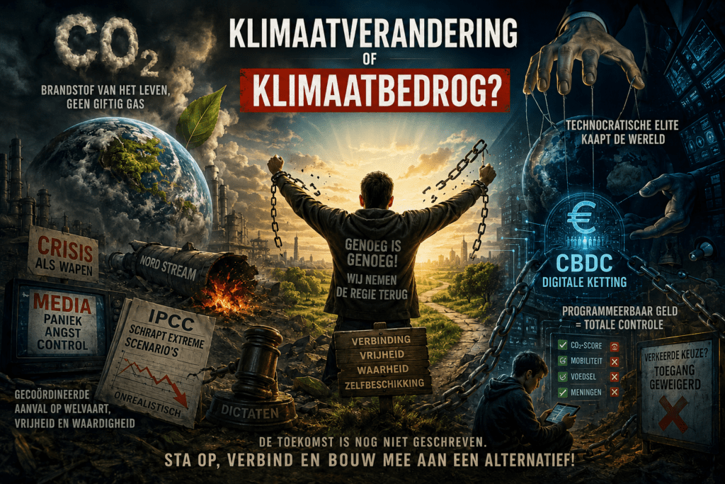 Dystopische illustratie van klimaatdebat met centrale figuur die ketens breekt tussen industrie, natuur en digitale controle