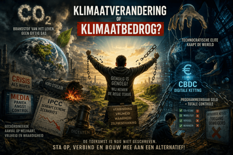 Dystopische illustratie van klimaatdebat met centrale figuur die ketens breekt tussen industrie, natuur en digitale controle